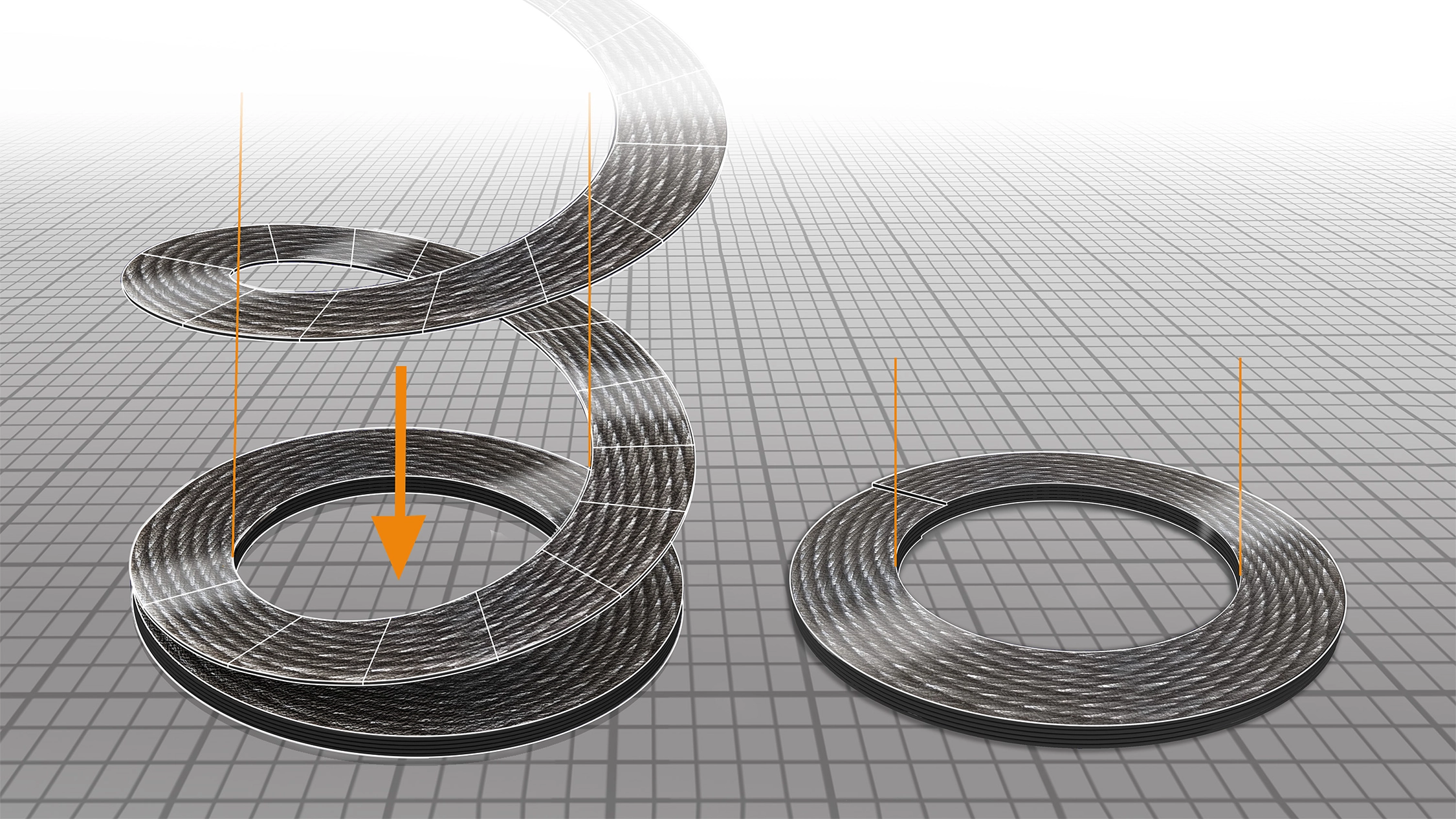 Illustration, Spiralbänder flach und als Spirale, Composite Textiles – Spiralbänder für den Maschinenbau/Leichtbau | vombaur GmbH Zwei Spiralbänder aus Carbon, eines flach und eines als Spirale aufgetürmt