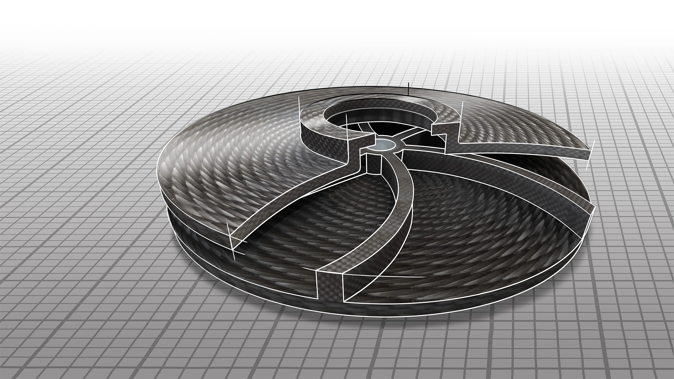 Illustration, Impeller flach, Composite Textiles – Spiralbänder für den Maschinenbau | vombaur GmbH Querschnitt eines Impellers aus schwarzem Carbon-Spiralgewebe