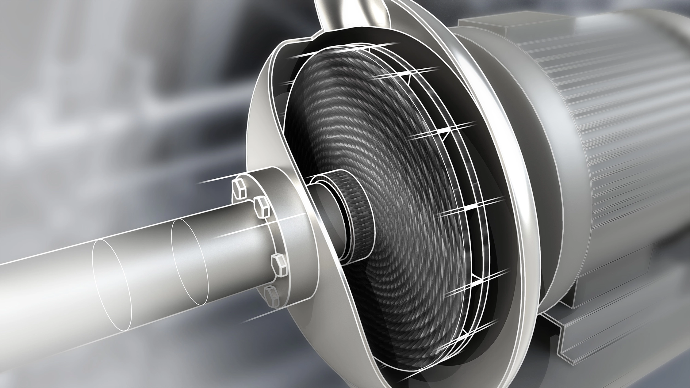 Illustration, Impeller in Pumpe, Composite Textiles – Spiralbänder für den Maschinenbau | vombaur GmbH Illustration eines Impellers aus Carbon-Spiralgewebe, der in eine Pumpe integriert ist
