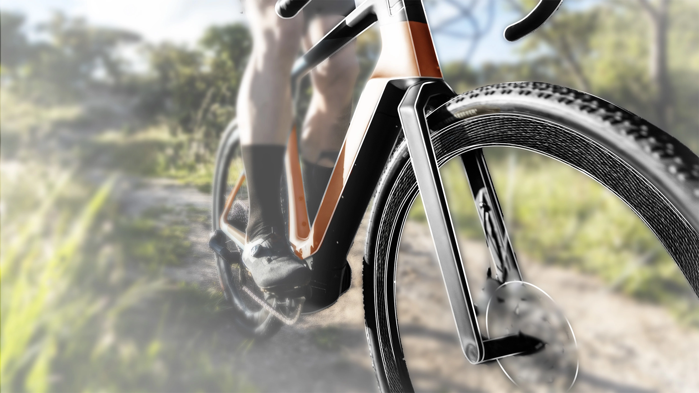 Close-up of a bicycle on a forest path with focus on the front wheel rim